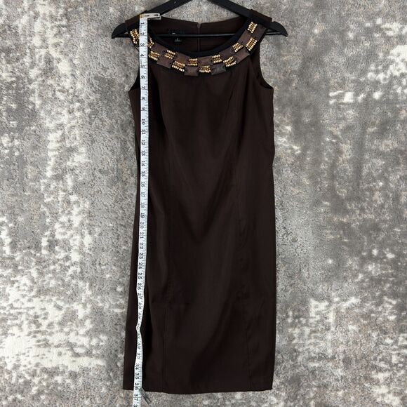 AB Studio Size 6 Beaded Sleeveless Mini Shift Dress Brown ZIp Casual Round Neck - Picture 2 of 10